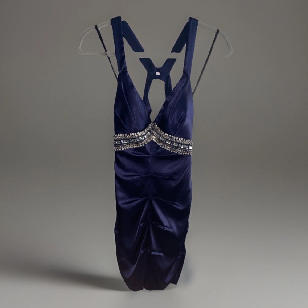 B. Darlin Cocktail Wedding Dress Satin Rhinestones Navy‎ Blue Size 3/4 4  NWT